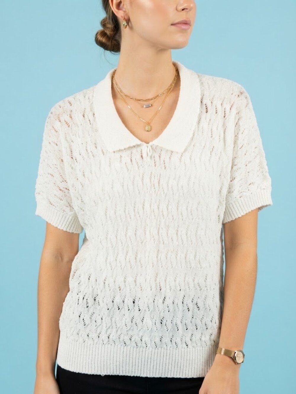Vintage White Short Sleeve Knit Polo Top